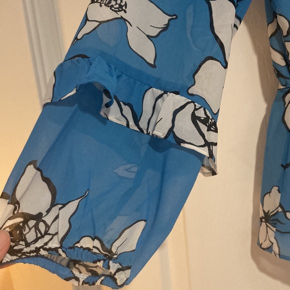 Calvin Klein Floral Print Chiffon Ruffle Trim V-Neck Long Sheer Sleeve Top, - Picture 6 of 11